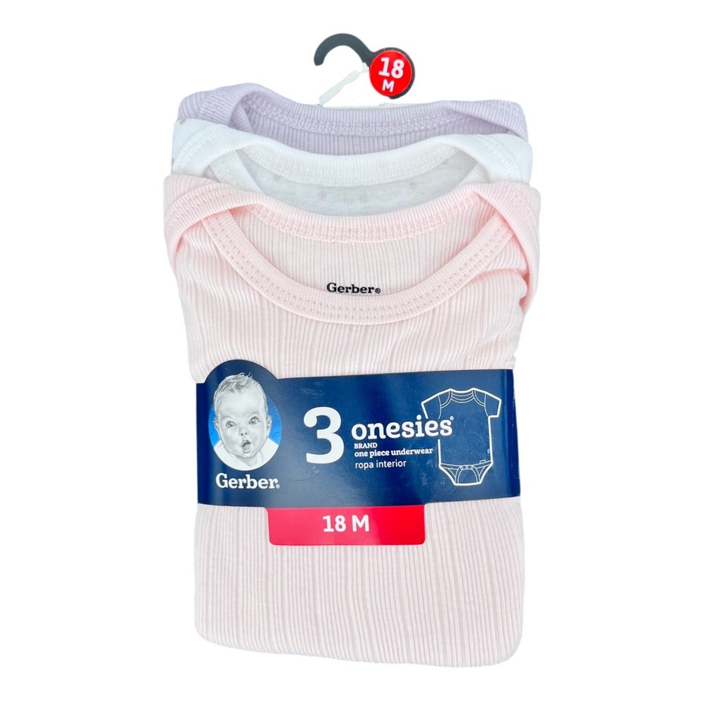 Gerber Onesies Bodysuits Baby Girls 18M Pink White Lavender Ribbed Cotton 3 Pack